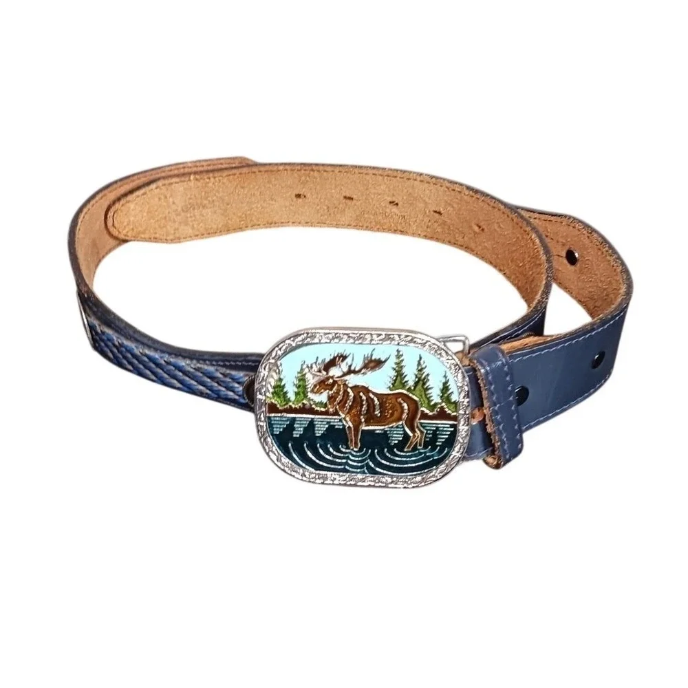 Moose Buckle Leather Belt Men's 34 Blue Western Made USA Novelty Hunting